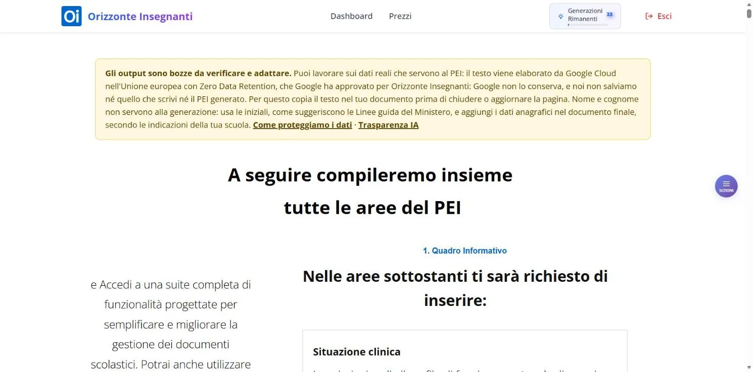 Parte alta della pagina di PEI Assistant: intestazione del sito, riquadro giallo con un avviso e inizio della prima sezione.