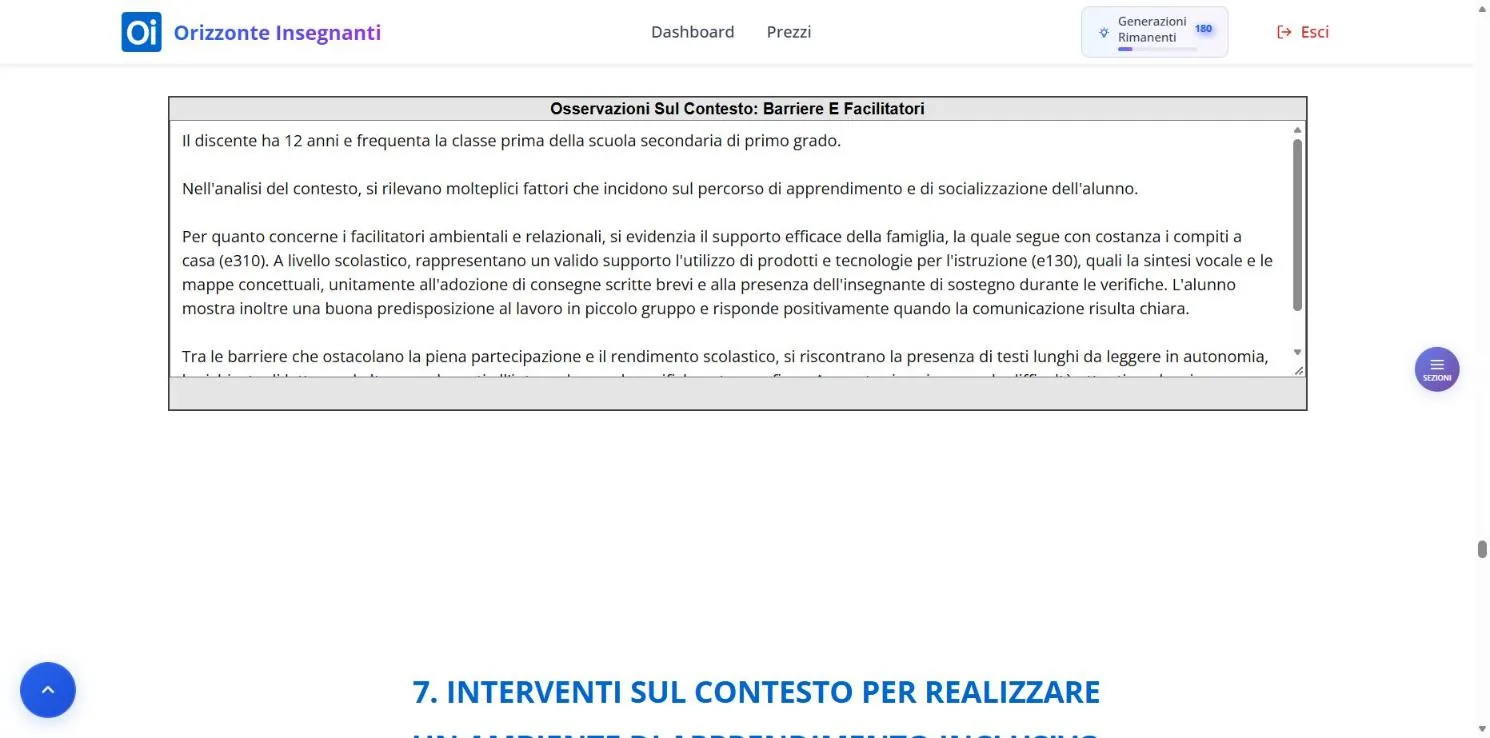 Il riquadro «Osservazioni Sul Contesto: Barriere E Facilitatori» della sezione 6 con l'inizio del testo generato, sopra l'inizio della sezione 7.