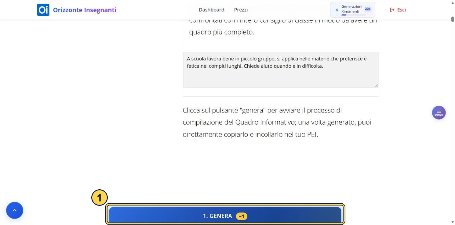 Pagina di PEI Assistant con l'ultima casella di testo compilata e, in basso, il pulsante azzurro di generazione.