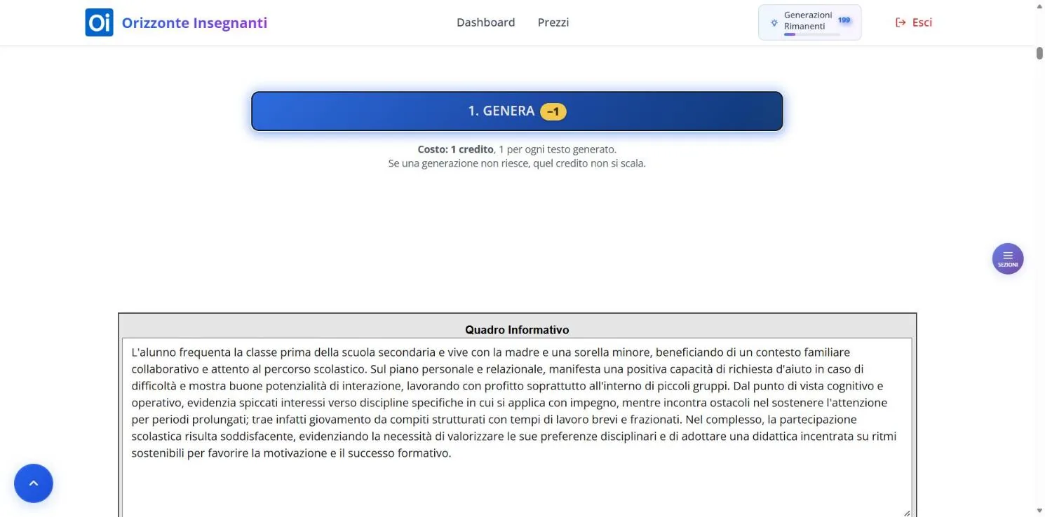 Pagina di PEI Assistant dopo la generazione: il pulsante di generazione e, più in basso, il riquadro con il testo generato.