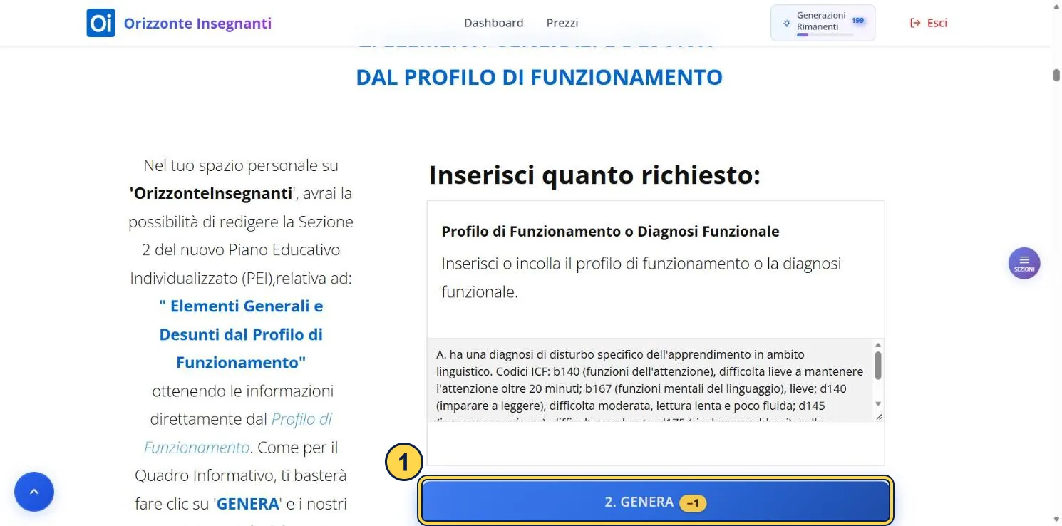Sezione 2 di PEI Assistant con la casella del profilo di funzionamento compilata e il pulsante di generazione sotto.