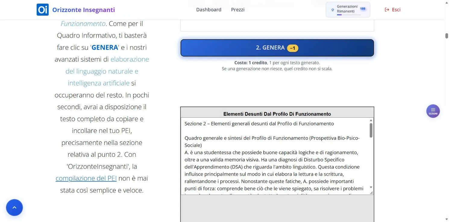 Sezione 2 dopo la generazione: il pulsante e, sotto, un riquadro con il testo generato che riassume il profilo.