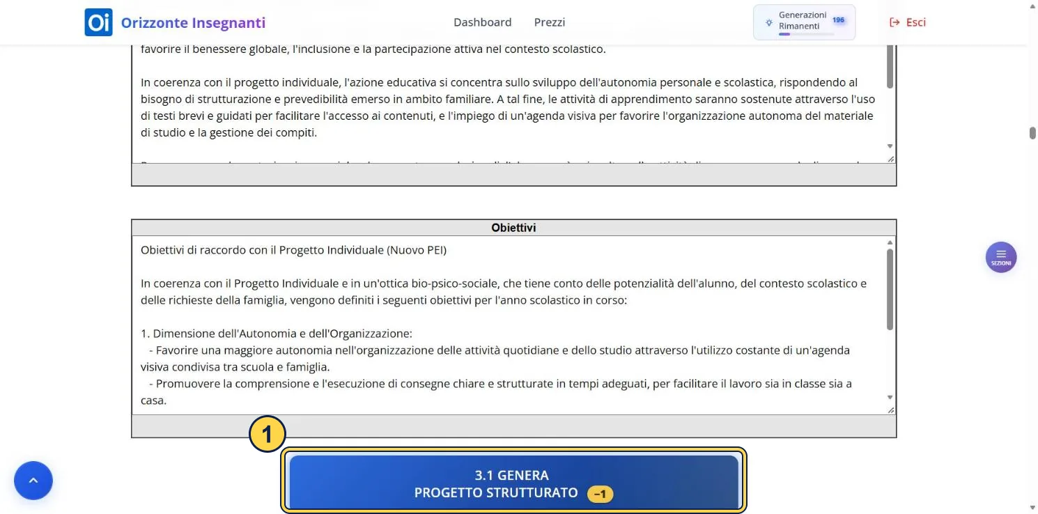 Il riquadro degli obiettivi già generato e, sotto, il pulsante per generare il progetto strutturato.