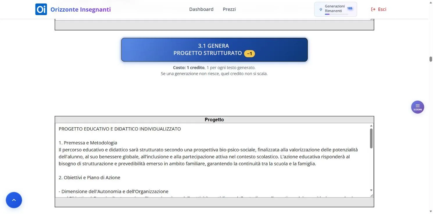 Il pulsante del progetto strutturato e, sotto, il riquadro Progetto con il testo generato diviso in parti numerate.