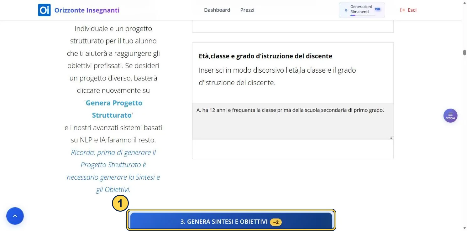 Sezione 3 con l'ultima delle tre caselle compilata (età e classe) e il pulsante per generare sintesi e obiettivi.