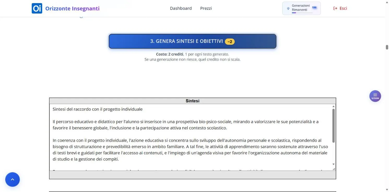 Sezione 3 dopo la generazione: il pulsante e il riquadro Sintesi con il testo generato; sotto inizia il riquadro Obiettivi.