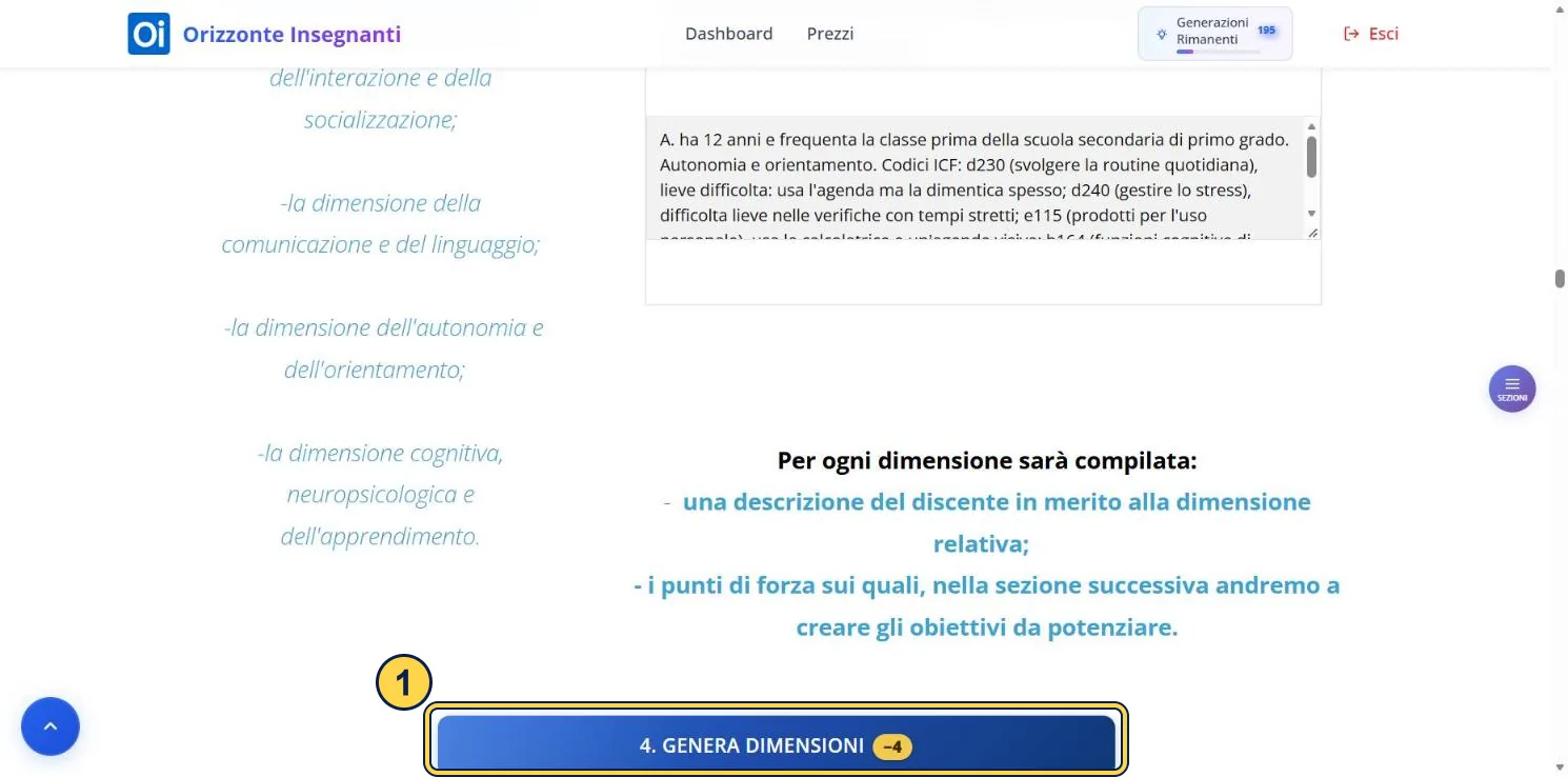 Sezione 4 con l'ultima casella compilata, la frase che elenca cosa sarà scritto per ogni dimensione e il pulsante di generazione.