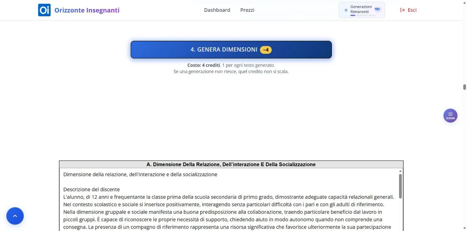 Sezione 4 dopo la generazione: il pulsante e il primo dei quattro riquadri di risultato, quello della dimensione A.