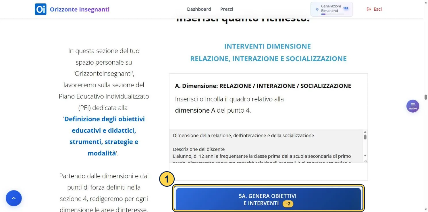 Sezione 5A con la casella della dimensione A compilata con il testo copiato dalla sezione 4 e il pulsante di generazione.