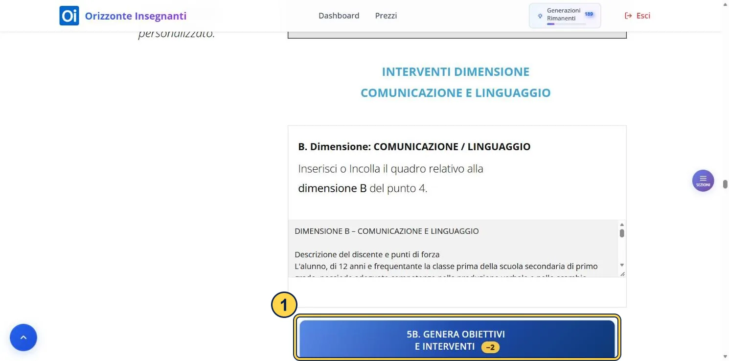 Sezione 5B con la casella della dimensione B compilata con il testo copiato dalla sezione 4 e il pulsante di generazione.