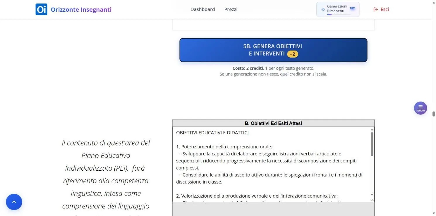 Sezione 5B dopo la generazione: il pulsante e il primo riquadro di risultato, con obiettivi raggruppati in elenco.