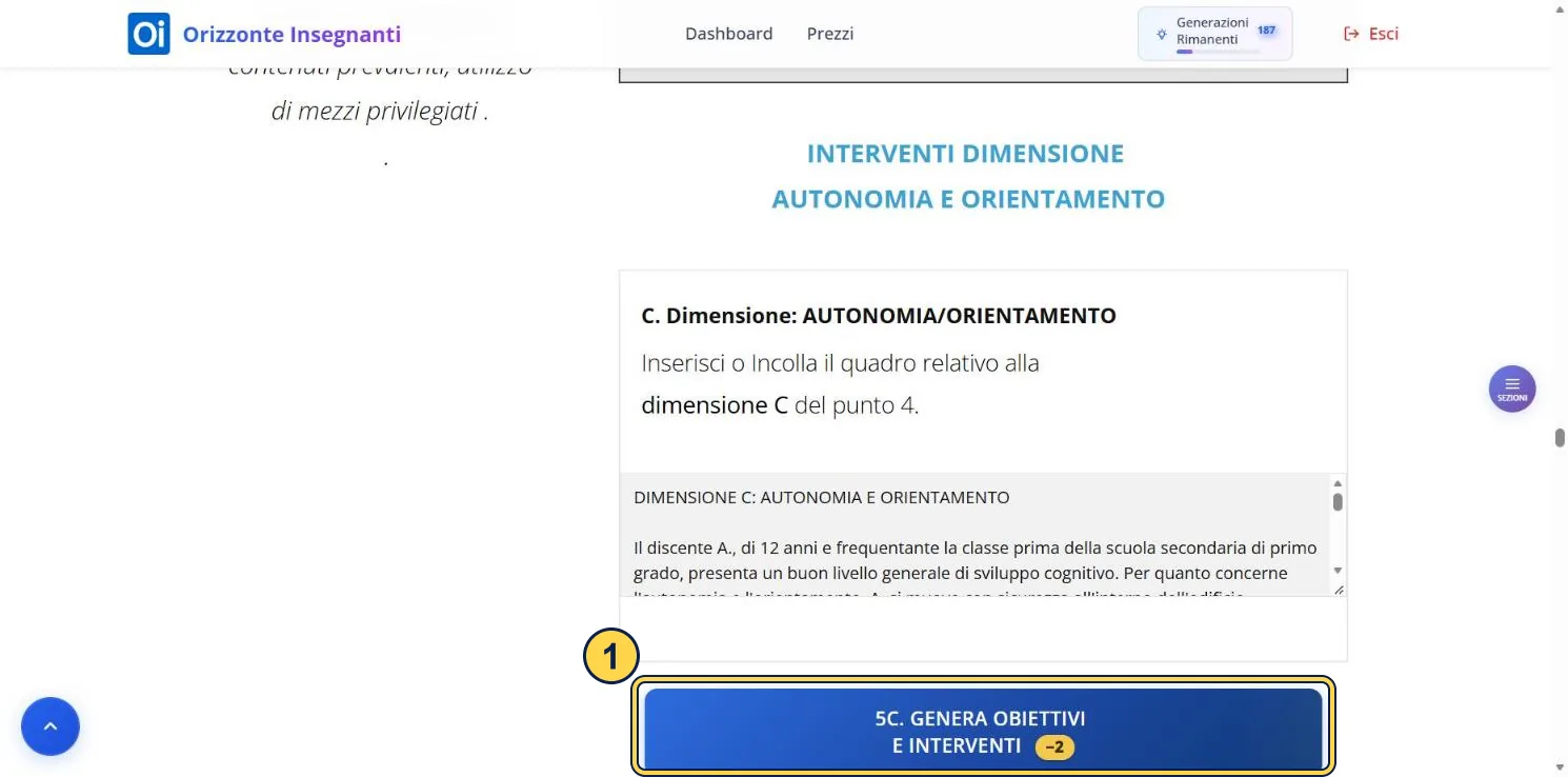 Sezione 5C con la casella della dimensione C compilata con il testo copiato dalla sezione 4 e il pulsante di generazione.