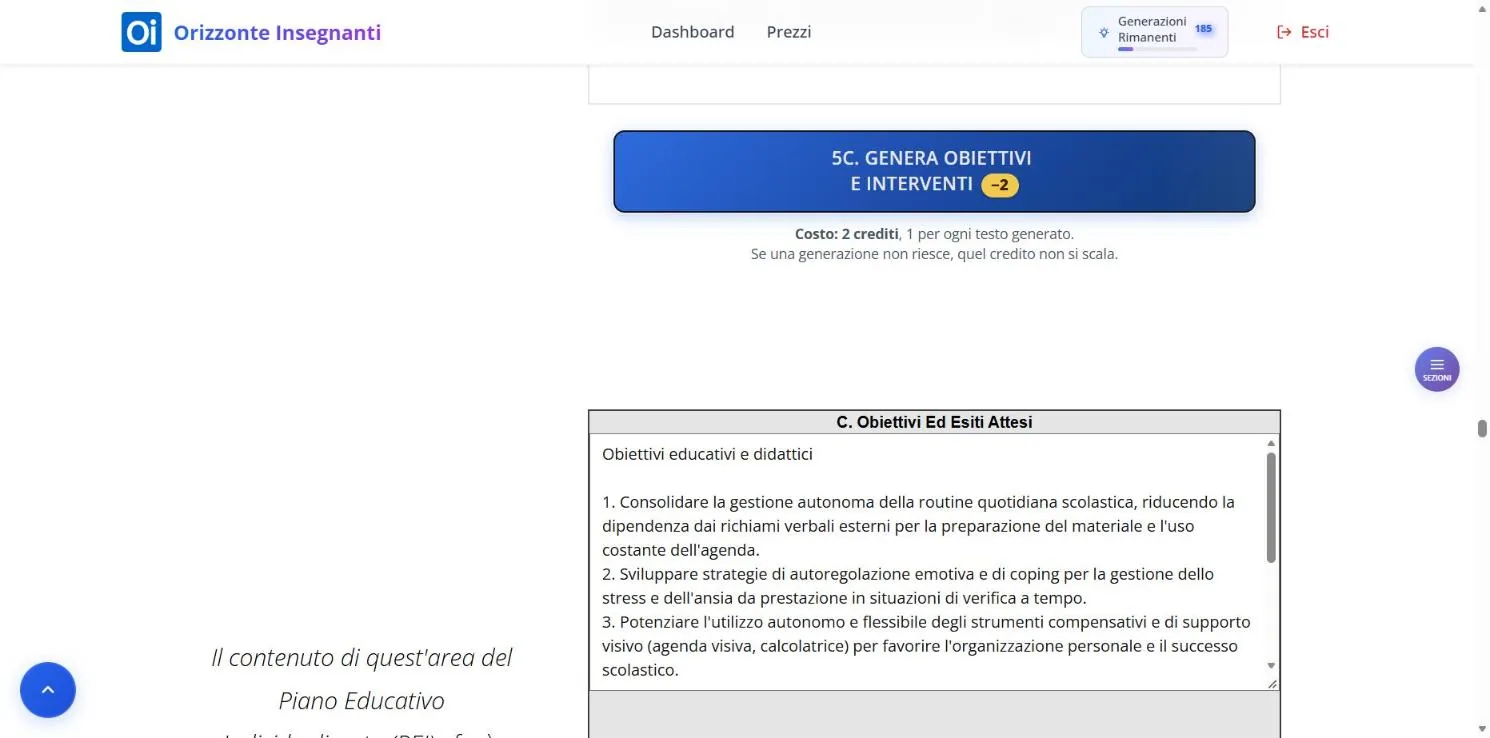 Sezione 5C dopo la generazione: il pulsante e il primo riquadro di risultato, con un elenco numerato.