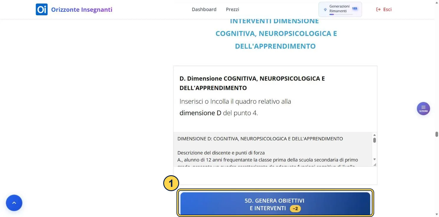 Sezione 5D con la casella della dimensione D compilata con il testo copiato dalla sezione 4 e il pulsante di generazione.
