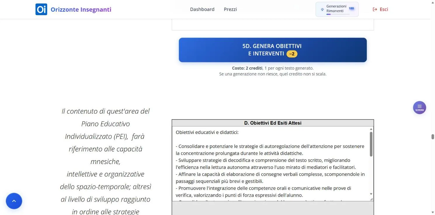 Sezione 5D dopo la generazione: il pulsante e il primo riquadro di risultato, con un elenco di obiettivi.