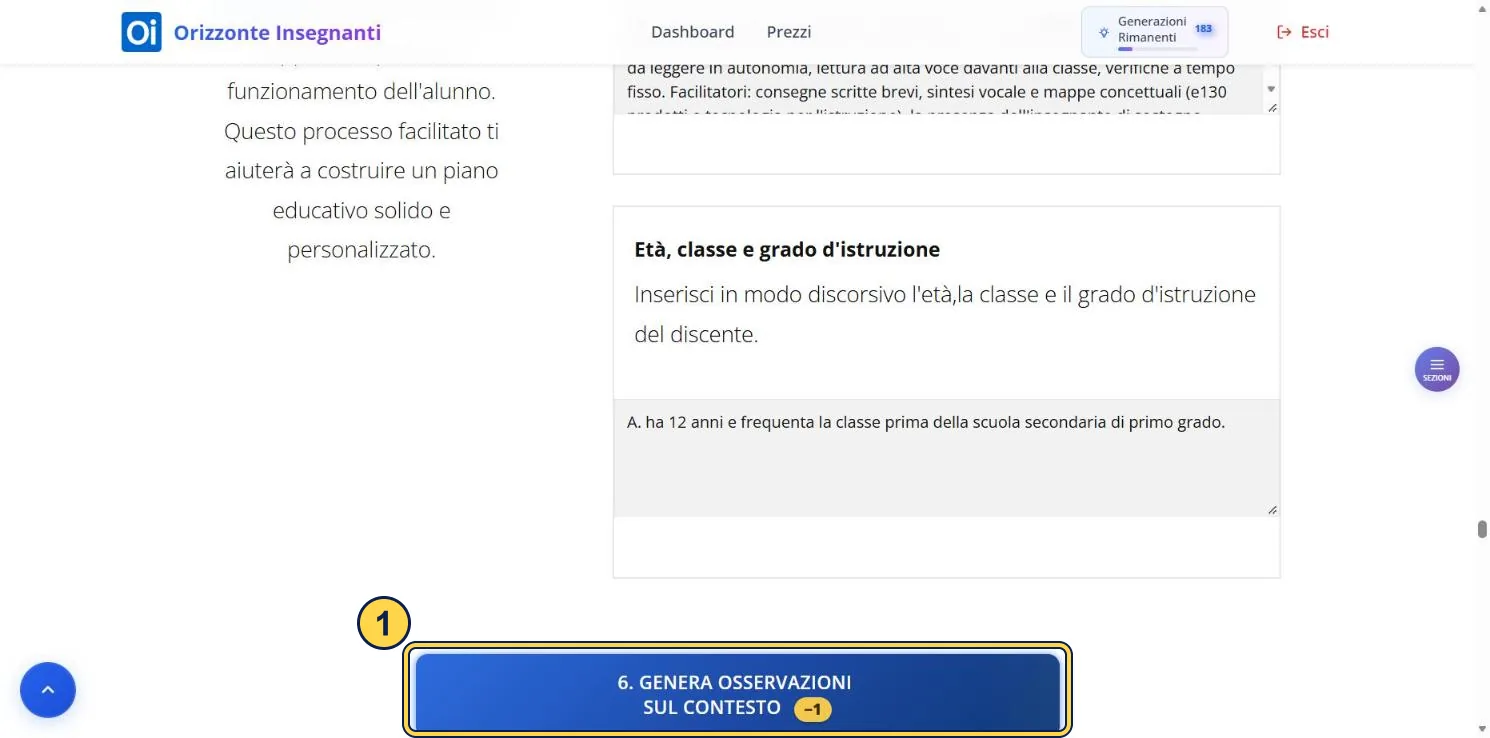 Sezione 6 con la casella di età, classe e grado compilata e il pulsante per generare le osservazioni sul contesto.