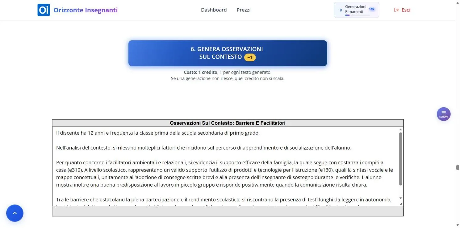 Sezione 6 dopo la generazione: il pulsante e il riquadro con il testo sulle barriere e sui facilitatori del contesto.