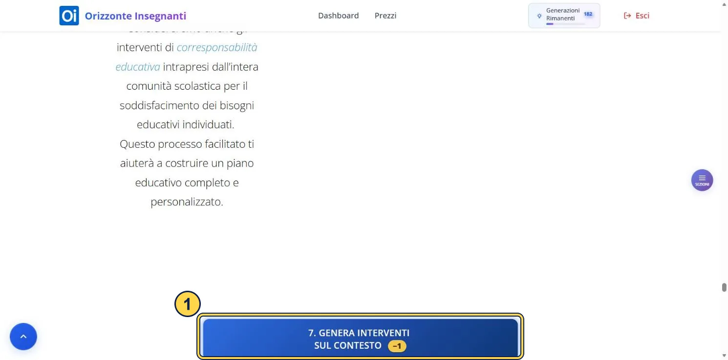 La parte finale della sezione 7: il testo di presentazione a sinistra e, in basso, il pulsante di generazione. La casella non si vede.