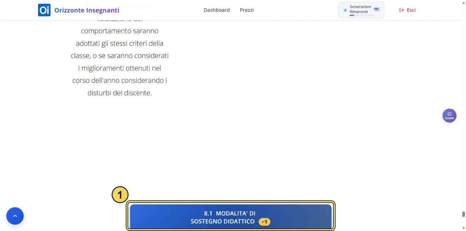 La parte finale della sezione 8: il testo di presentazione a sinistra e, in basso, il pulsante di generazione. Le caselle non si vedono.