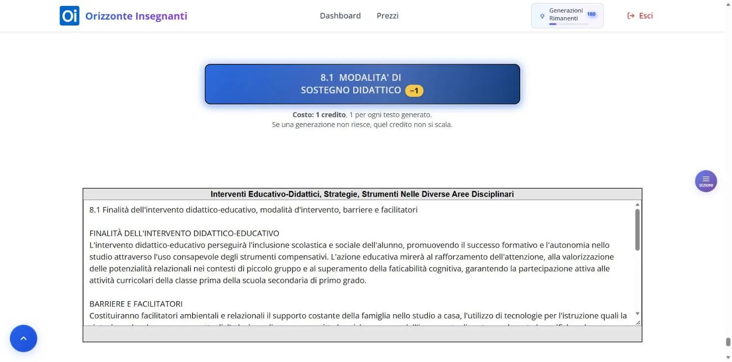 Sezione 8.1 dopo la generazione: il pulsante e il riquadro con il testo generato, che comincia con le finalità dell'intervento e prosegue con barriere e facilitatori.