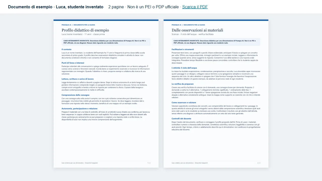 Anteprima browser delle due pagine del PDF didattico di esempio; pagina dedicata, esterna all’interfaccia di Praequa AI.