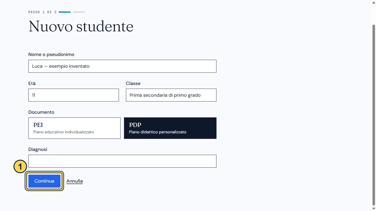 Modulo Nuovo studente compilato con un nome di esempio, età, classe e tipo PDP.