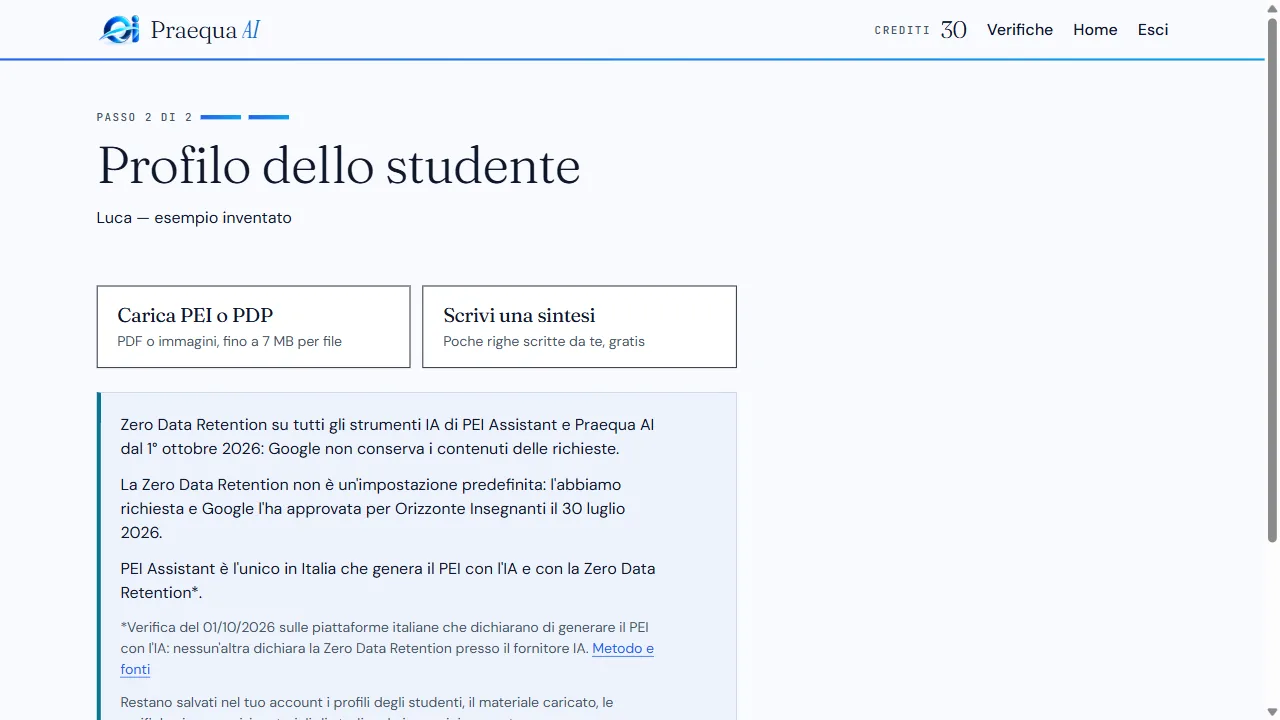 Scelta fra caricamento del documento e sintesi scritta.
