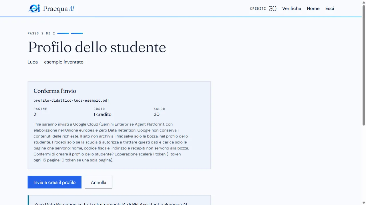 Riepilogo del documento con pagine, costo e saldo prima dell’invio.