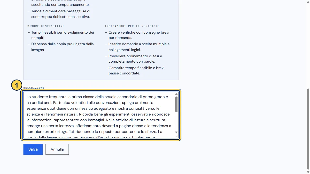 Descrizione modificabile e comando per salvare.