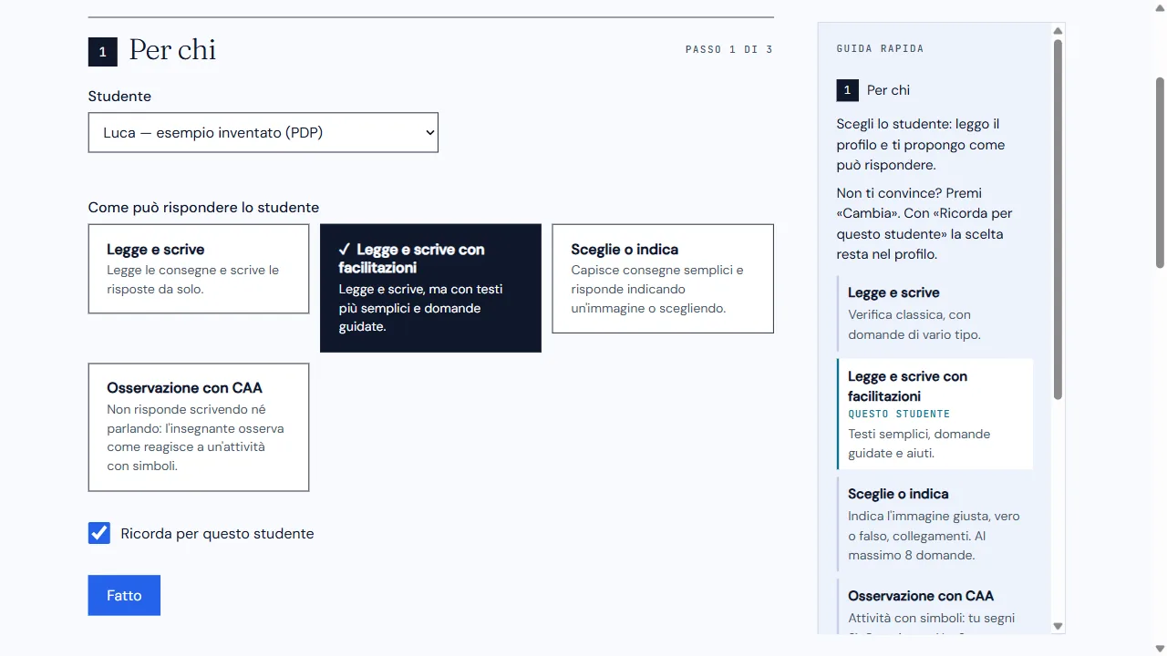 Quattro modalità con Legge e scrive con facilitazioni selezionata.