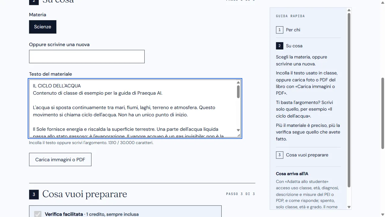 Materia e contenuto della lezione, con il comando per caricare un file.