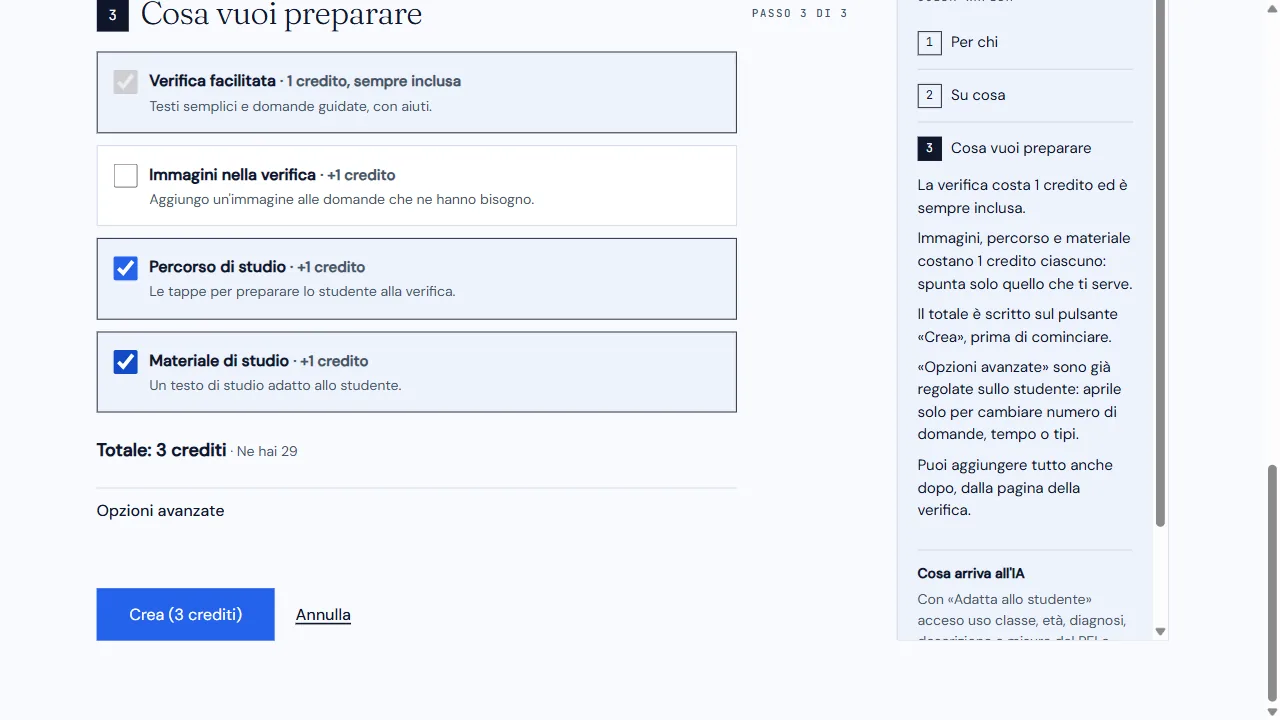 Verifica facilitata, percorso e materiale di studio selezionati; totale tre crediti.