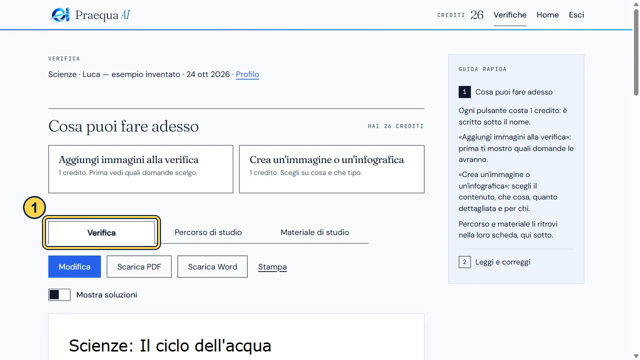 Scheda Verifica con i comandi Modifica, Scarica PDF, Scarica Word e Stampa.