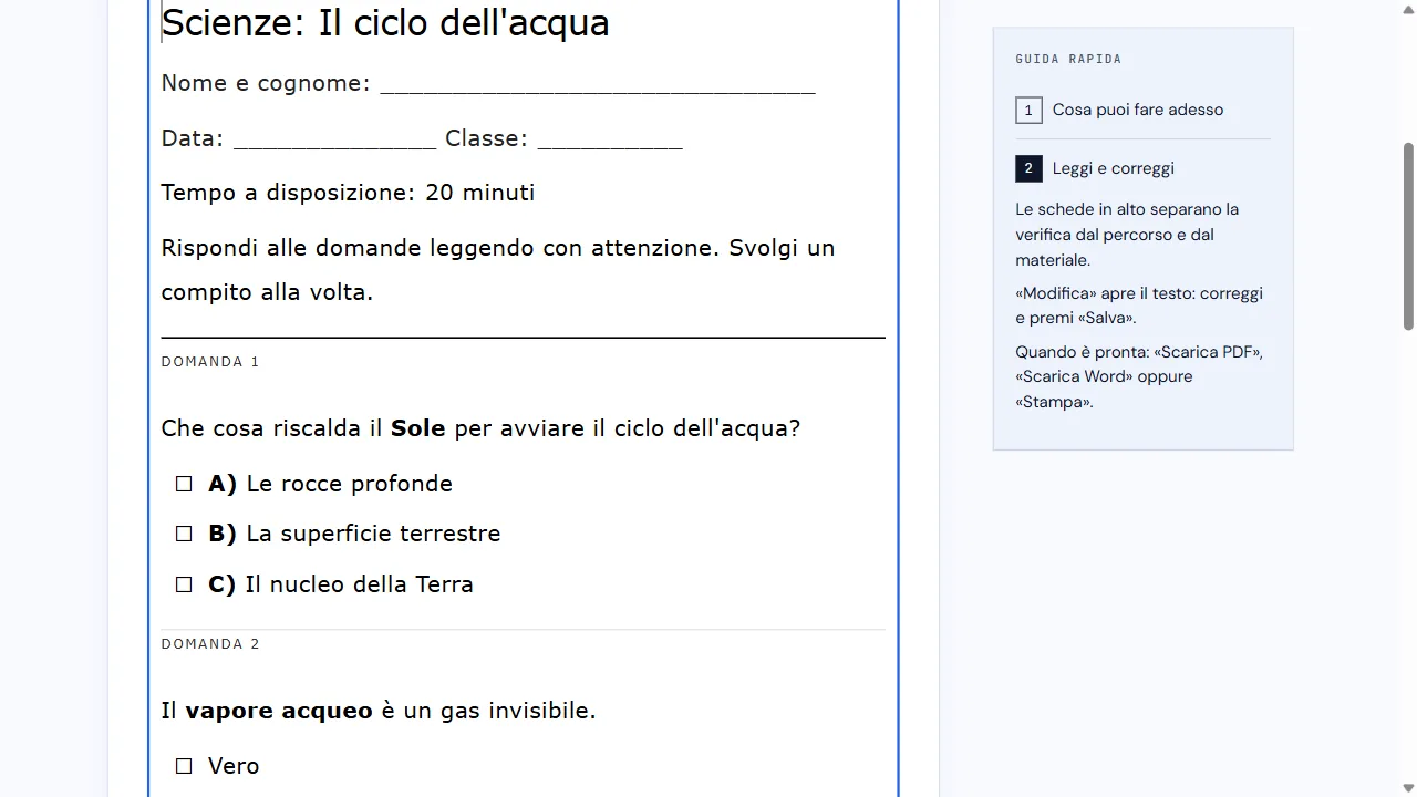 Editor della verifica aperto sul titolo, sul tempo a disposizione e sulla prima domanda.