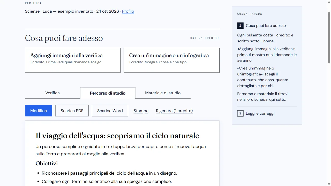 Scheda Percorso di studio aperta con titolo, introduzione e obiettivi sul ciclo dell’acqua.