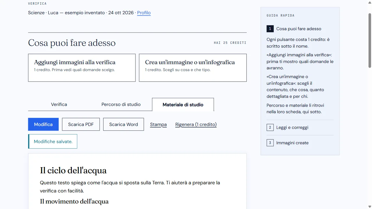 Scheda Materiale di studio aperta, Modifiche salvate e testo sul ciclo dell’acqua.