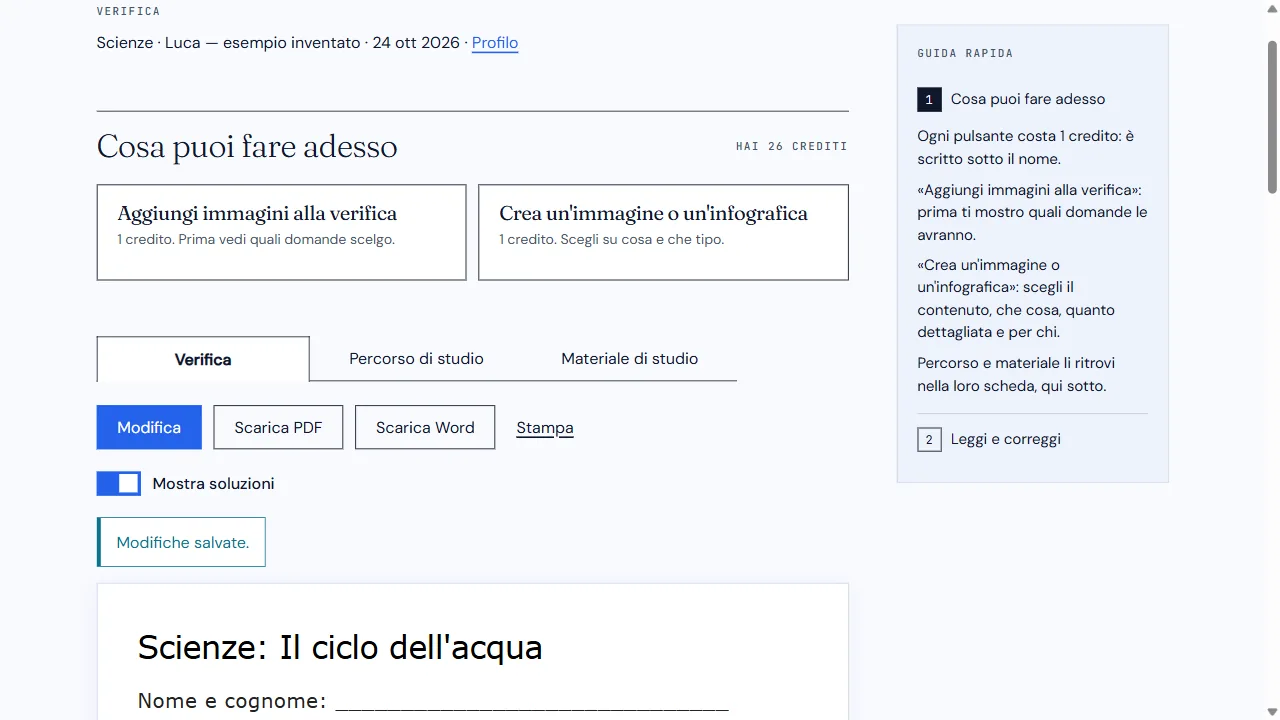 Scheda Verifica con Mostra soluzioni attivo, Modifiche salvate e comandi di download.