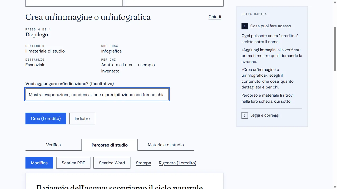 Riepilogo con materiale di studio, Infografica, Essenziale, adattamento a Luca e Crea un credito.