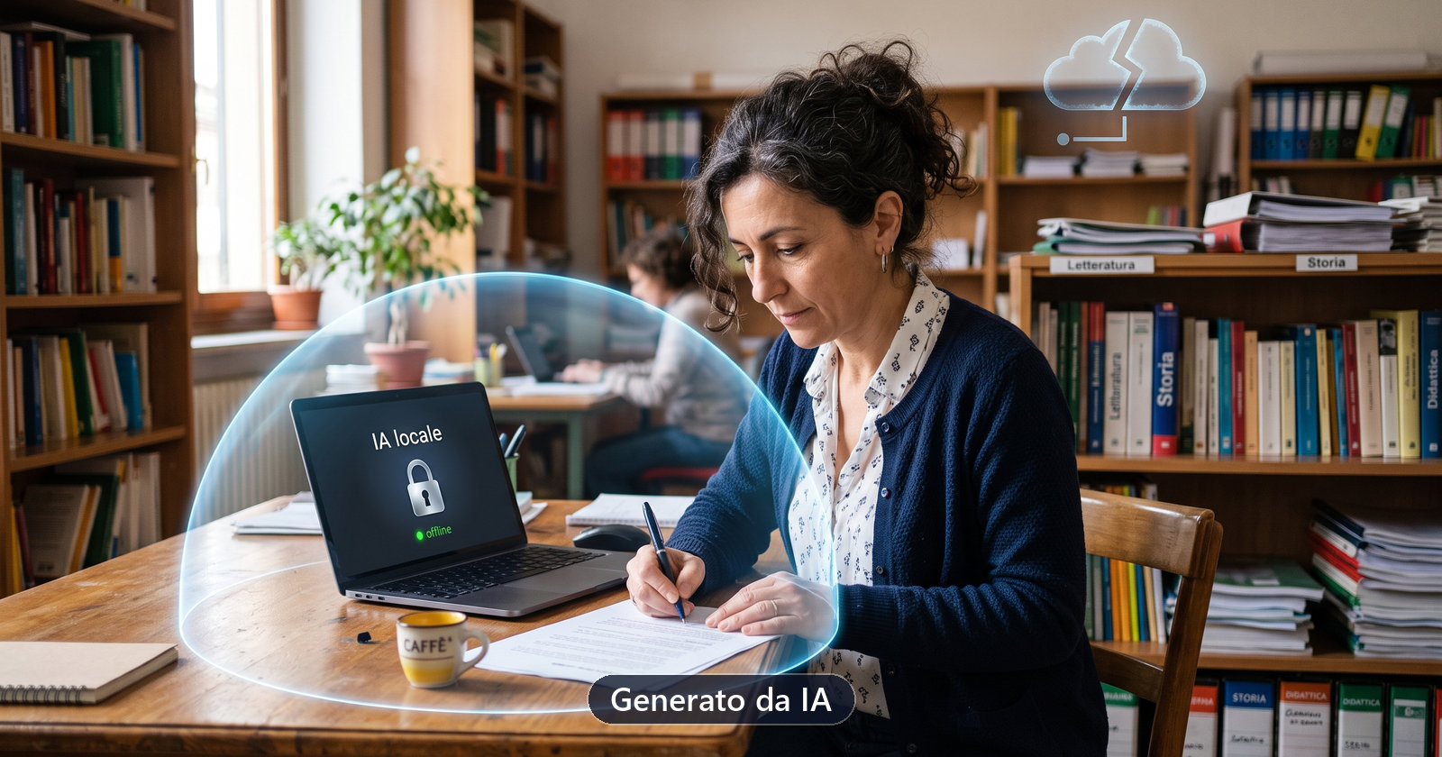 Docente in sala docenti corregge a penna una bozza accanto a un portatile con un'IA locale offline, sotto una cupola trasparente: i dati restano sul computer (generato da IA)