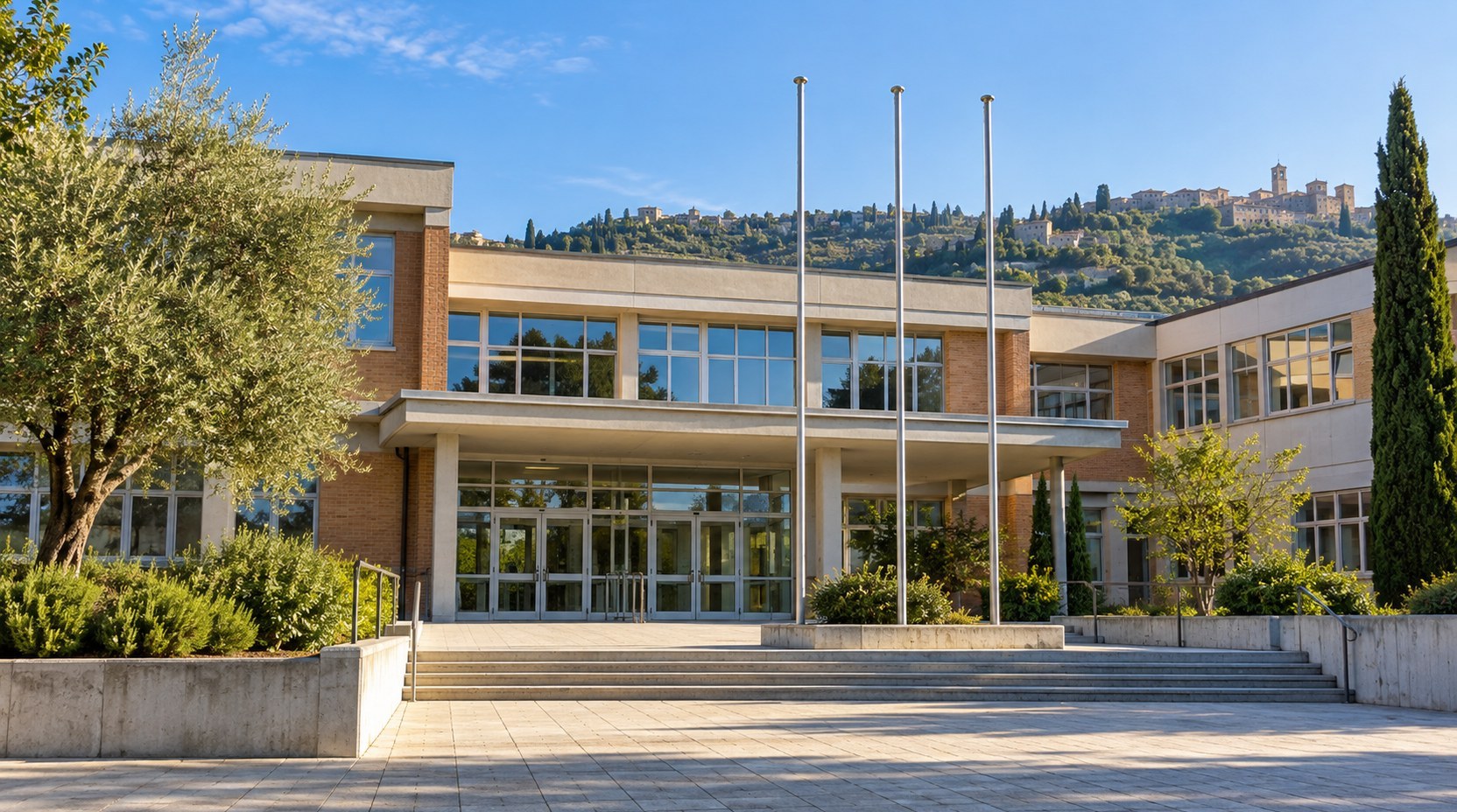 Marche, esposizione bandiera ONU nelle scuole (generato da IA)
