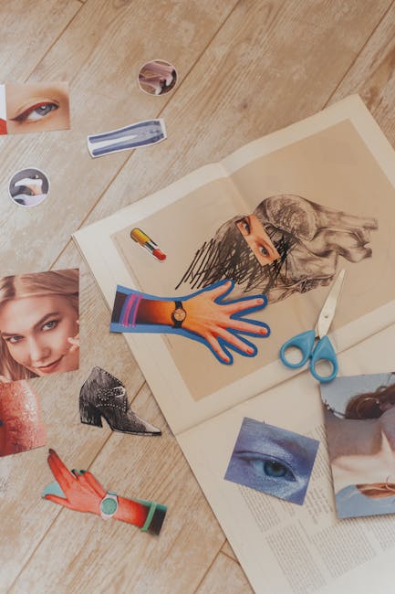 Collage artistico con ritagli di riviste e forbici, esempio di creatività nei laboratori di arte contemporanea.