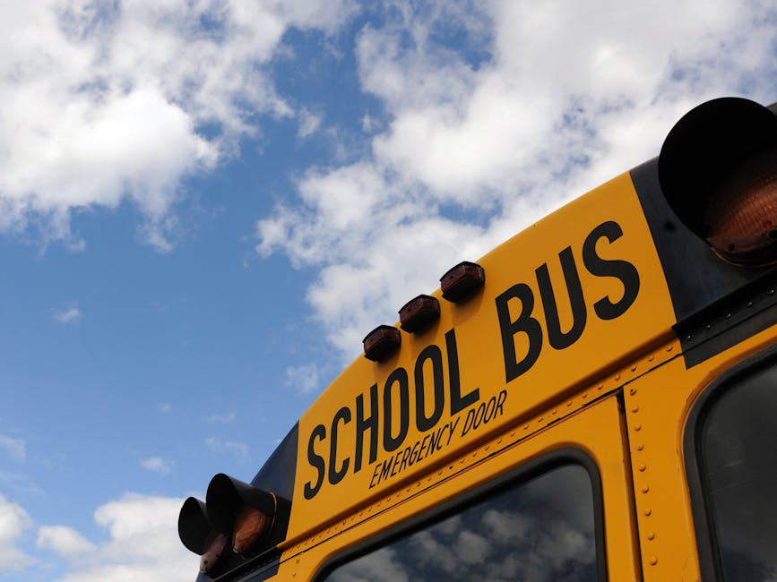 Scuolabus giallo con cielo azzurro sullo sfondo, simbolo del trasporto scolastico a Chioggia e dell'eroico salvataggio in autobus.
