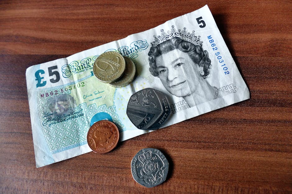 Sterline inglesi: banconota da 5 sterline e monete, simbolo dell'investimento nelle biblioteche scolastiche del Regno Unito