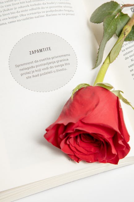 Rosa rossa su libro aperto con testo poetico, celebrazione della Giornata Mondiale della Poesia e bellezza delle parole.