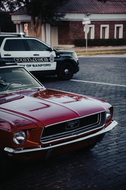 Auto d'epoca rossa e auto della polizia di Sanford, simbolo di sicurezza e legalità nel contrasto al cyberbullismo.