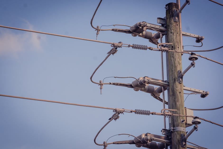 Palo della luce con cavi elettrici e isolatori, essenza del flusso elettrico e della corrente elettrica per l'articolo.