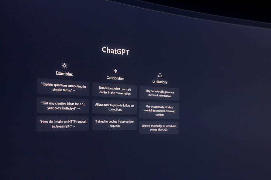 Schermata di ChatGPT con esempi, capacità e limitazioni dell'intelligenza artificiale, rilevanza per investimento Amazon in OpenAI.
