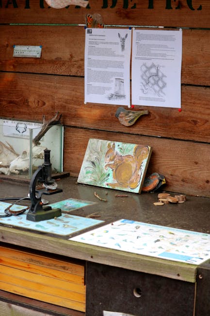 Dettaglio di un tavolo didattico con microscopio, illustrazioni di animali e documenti informativi in un contesto naturalistico.