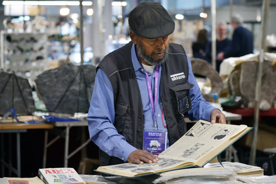 Uomo anziano esamina un libro antico a una fiera, forse cercando informazioni sul peso in grammi di un'oncia.