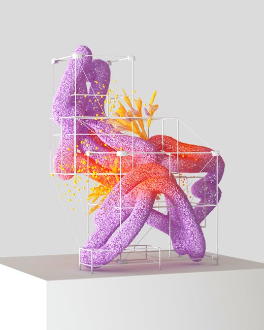 Scultura astratta colorata in gabbia metallica, metafora visiva dell'apprendimento musicale e della crescita cognitiva e creativa.